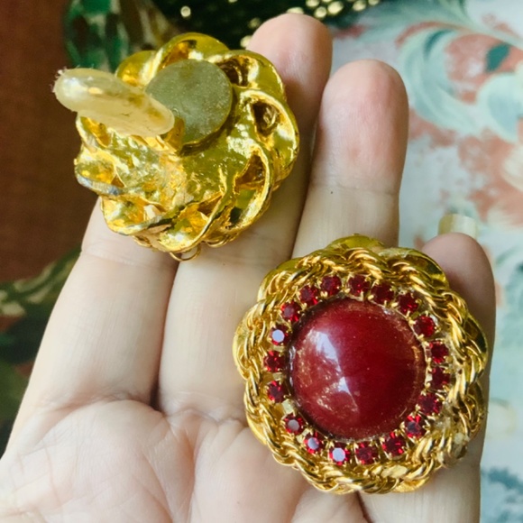EXQUISITE VINTAGE EARRINGS/CLIP RED JADE/CRYSTAL GOLD CHAIN DISC ⭐️HANDMADE NEW - Picture 6 of 14